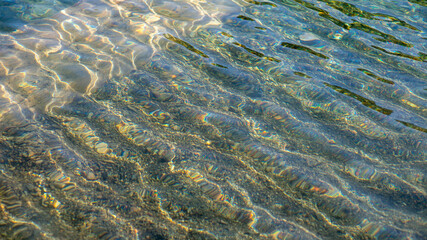 Vibrant Sunlight Filters Through Clear Shallow Water, Creating Mesmerizing Iridescent Patterns on...