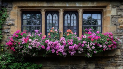 Stone building with ornately framed windows overflowing with vibrant flowers