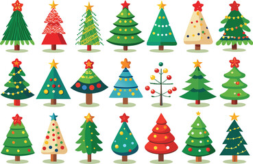Obraz premium Diverse festive cartoon christmas trees collection with stars