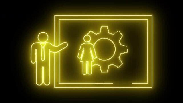 Yellow neon outline of presentation board with cog woman and presenter figure