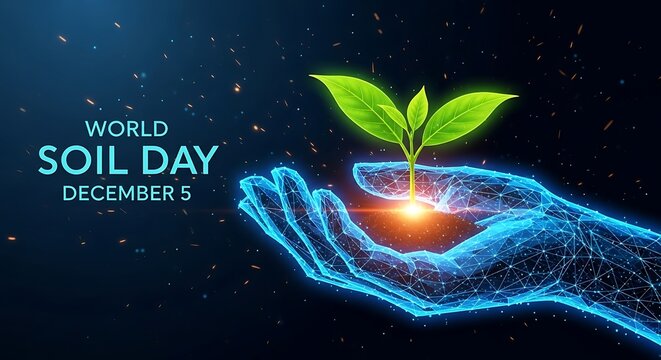 Conceptual illustration of a cybernetic hand nurturing a green sprout, representing innovation in agriculture and ecological preservation