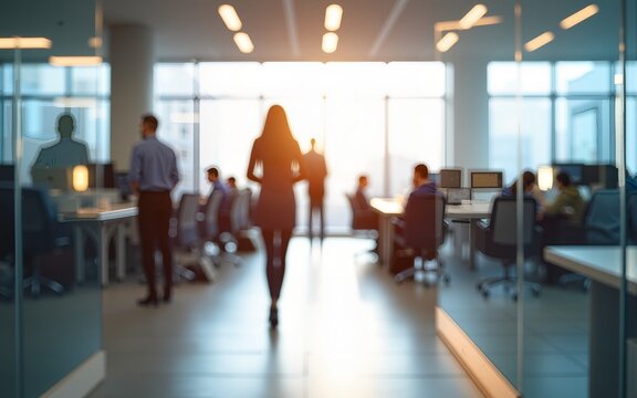 Bright business workplace with people in walking in blurred motion in modern office space. High quality