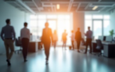 Bright business workplace with people in walking in blurred motion in modern office space. High quality