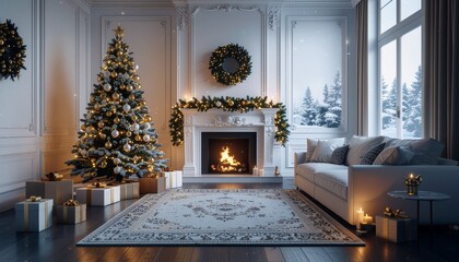 Warm and cozy living room glowing with Christmas lights and tree beside a bright fireplace