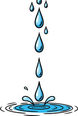 Blue Water Droplets Falling Into A Pool Of Water Creating Ripples In A Cartoon Style