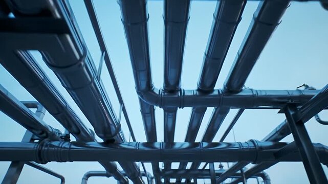 Industrial Complex with Parallel Metal Pipes Against a Clear Blue Sky and Metal Support Structure Low Angle View