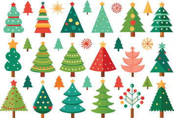 Obraz premium Colorful flat design christmas trees and festive decor elements