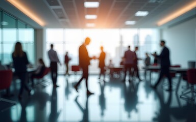 This photo captures a modern office space with several blurred figures of business professionals going about their work. The image conveys a sense of movement and activity within the workplace
