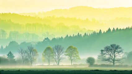 Foggy landscape with trees and meadow in the morning.