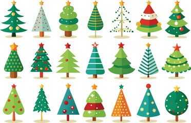 Vibrant collection of stylized christmas trees, festive holiday vector