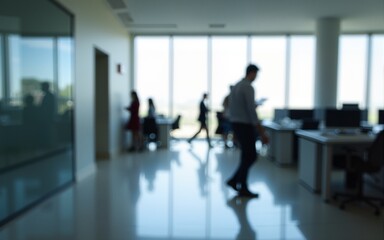 This photo captures a modern office space with several blurred figures of business professionals going about their work. The image conveys a sense of movement and activity within the workplace