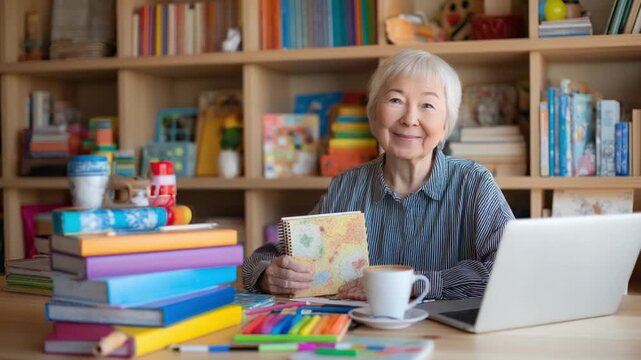 Contented Elder: An older adult sits amidst a trove of books, colored pens, and a laptop, exuding a gentle contentment in a home library setting. 