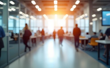 Bright business workplace with people in walking in blurred motion in modern office space. High quality