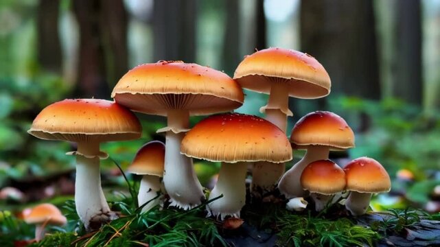 White and orange cap mushrooms growing in the woods created with generative ai	
