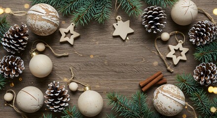 Festive Christmas Arrangement with Ornaments and Pine Cones on Wood.