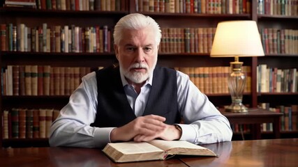 Senior man reading in library, books on shelves, study, reading, knowledge, education or legal themes