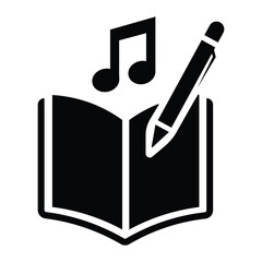 Music Composition Icon Vector | Open Book with Pen and Musical Notes Symbolizing Songwriting, Creativity, and Lyric Writing
