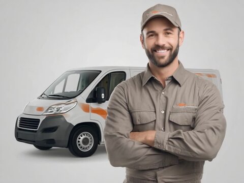 Delivery Driver's Assurance: A friendly delivery driver stands confidently beside his service van, embodying professionalism and reliability. Capturing the spirit of service with his beaming smile.