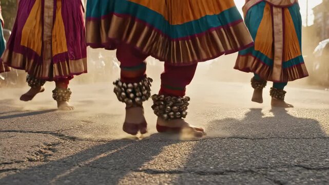Low angle view of Indian classical dancers feet with ghungroo ankle bells.