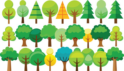 Diverse flat design forest tree icon set for nature concepts.
