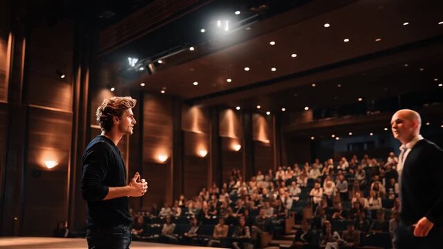 Conference Keynote: A poised presenter captivates the audience with his compelling insights. The conference hall buzzes with anticipation as attendees prepare for an enlightening experience.