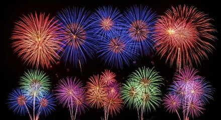 Vibrant bursts of colorful fireworks exploding against a dark night sky showcasing dynamic lighting and a festive atmosphere with bright trails