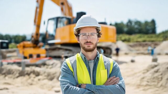 Construction worker on site: Confident construction worker in a hard hat and safety vest standing with arms crossed in front of an excavator, epitomizing the essence of infrastructure development.