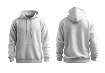 Plain white hoodie, front/back view. Isolated, clean look