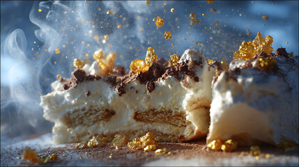 This dessert features creamy layers topped with chocolate crumbs and golden caramel bits. A light mist surrounds it, enhancing the indulgent appearance. Perfectly plated for dessert lovers.