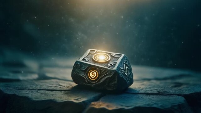 A glowing ancient artifact radiates mystical energy revealing mysterious symbols in a dark chamber
