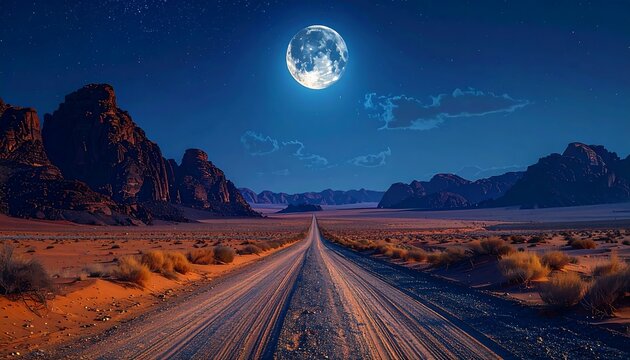 A scenic desert vista under a starry night sky, with a bright full moon illuminating a desolate roadway. Majestic rock formations flank the path