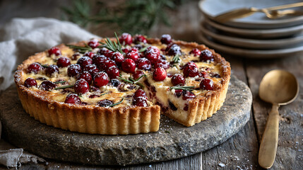 A beautifully baked cranberry tart sits on a stone surface, garnished with fresh herbs. The rustic kitchen ambiance enhances the inviting feel of the dessert, perfect for gatherings.