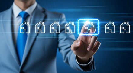 Man selecting a house from a row of houses on a digital interface