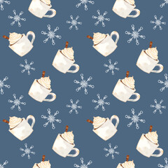 Winter pattern seamless with hot chocolate and snowflakes. Suitable for print, textile, and background.