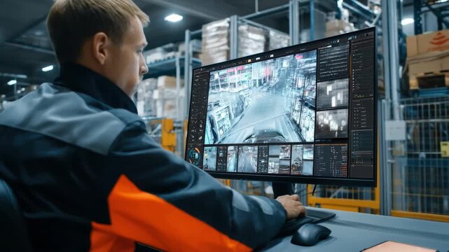 Medium shot of a technician monitoring a large security scanners digital display as the machine screens packages for explosives in a shipping facility.