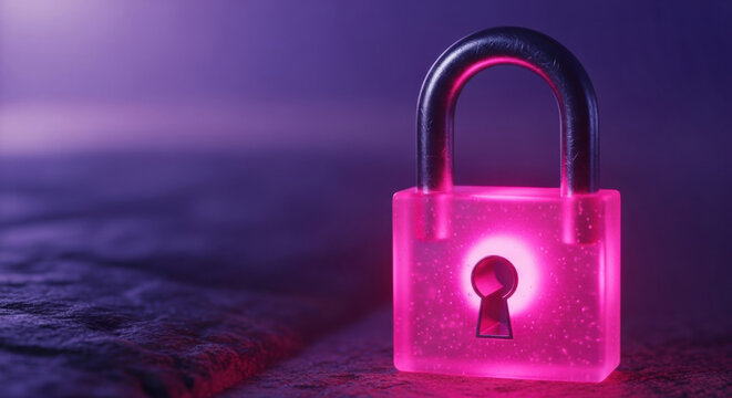 Glowing pink padlock, illuminated in dark environment, symbolizes security, privacy, and protection, with futuristic and mysterious atmosphere, evoking curiosity and intrigue