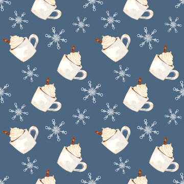 Winter pattern seamless with hot chocolate and snowflakes. Suitable for print, textile, and background.