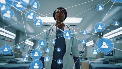 Female Doctor Stands Confidently in Hospital Room Surrounded by Digital Network of Patient Icons Medical Technology - Powered by Adobe