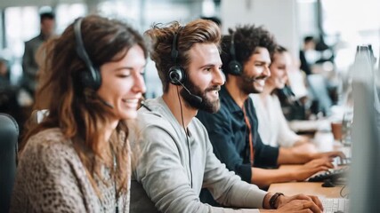 Happy Diverse Call Center Team Providing Customer Support with Smiles - Powered by Adobe