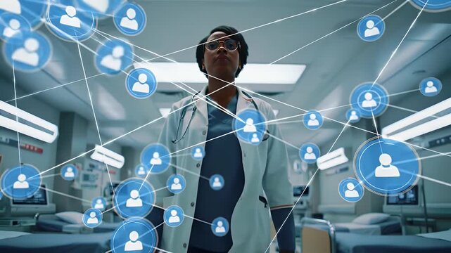 Female Doctor Stands Confidently in Hospital Room Surrounded by Digital Network of Patient Icons Medical Technology