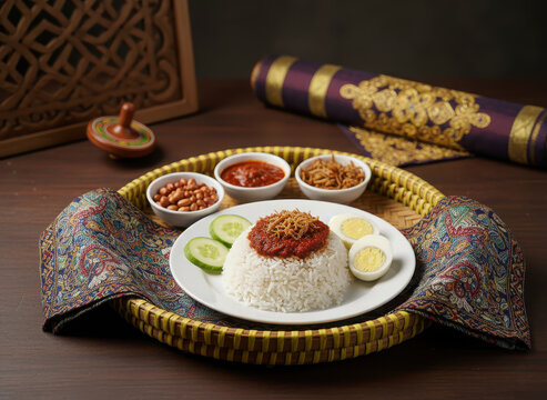 A beautifully presented Nasi Lemak, a traditional Malaysian coconut rice dish, served with sambal, fried anchovies, peanuts, cucumber, and a hard-boiled egg on a woven tray.