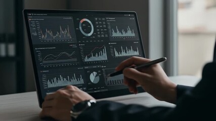 Businessman works on digital tablet and laptop at office desk, monitoring business data on screen - Powered by Adobe