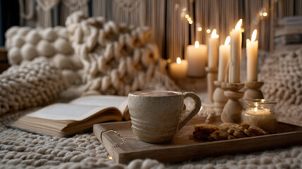 A ceramic mug filled with a warm beverage sits on a wooden tray next to cookies. Soft candles and a book create a relaxing atmosphere in the evening light.