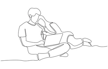 Continuous one line drawing of couple relaxing together at home with laptop, symbolizing love, lifestyle, and home comfort, single line art.