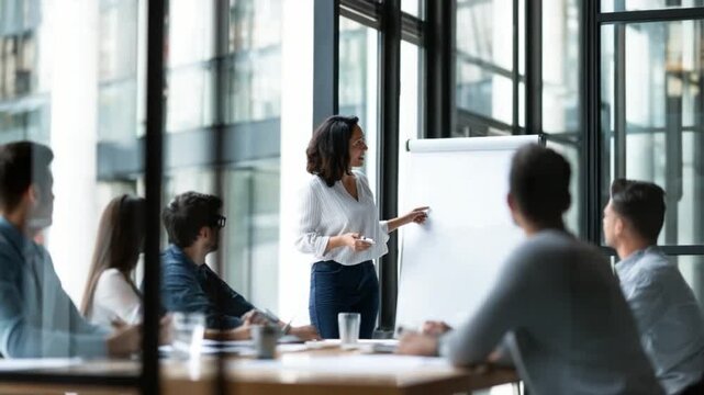 Business Presentation: A confident businesswoman leads a presentation to her colleagues, capturing a moment of collaboration, inspiration, and strategic vision in modern business setting.