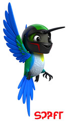 Fototapeta premium Animated hummingbird character with blue wings and tail wearing a black and green helmet.