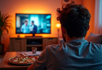 Man eating at home and sitting in front of TV alone, eating pizza. Table full of food. One Person watching movie or serial back view. Single adult lifestyle.