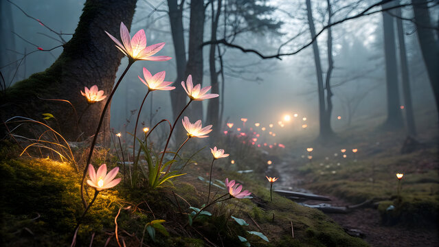 Enchanted forest lanterns mysterious light woodland glow