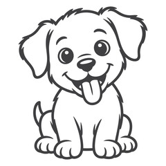 Happy Cartoon Puppy Sitting with Tongue Out Black and White Line Art