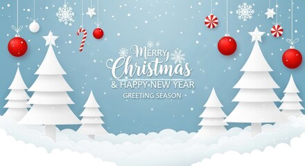 Festive christmas scene with white paper cut out trees and red ornaments against a serene blue backdrop showcasing seasonal celebration and holiday greeting